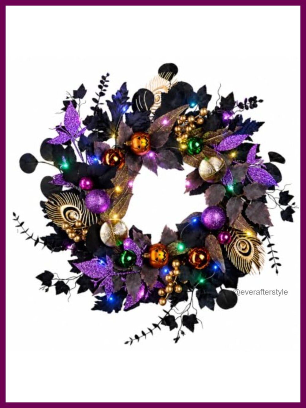 Halloween Wreath for Front Door with Light String 22-Inch Dried Vine